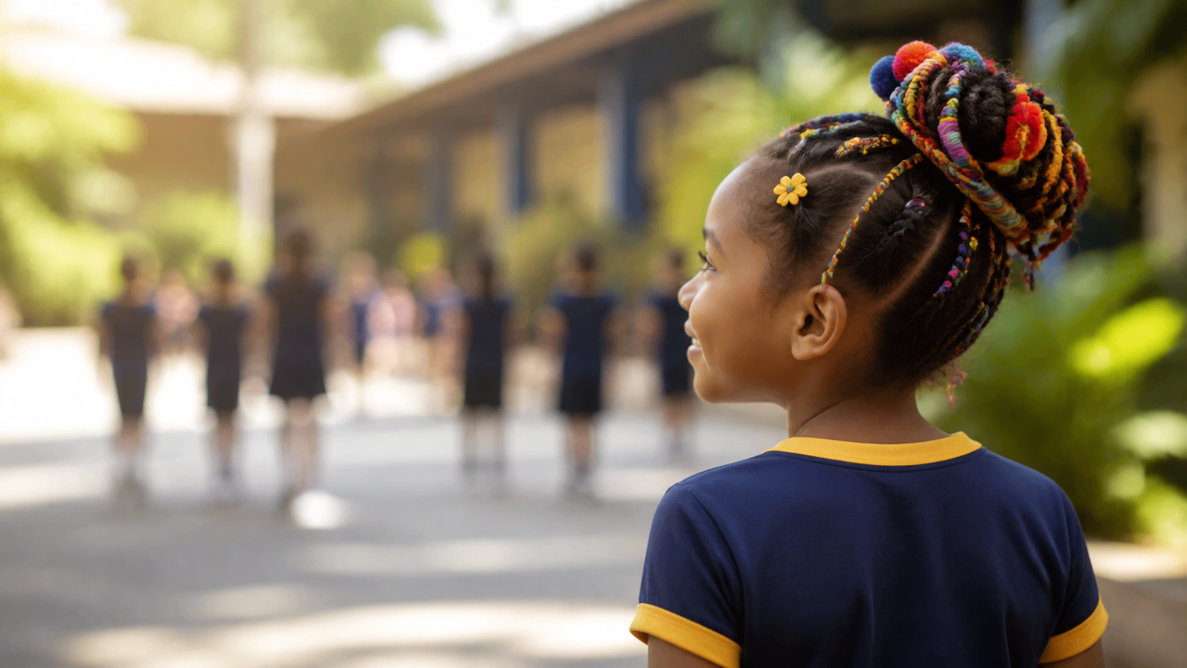 Criança com penteado criativo e colorido em ambiente escolar
