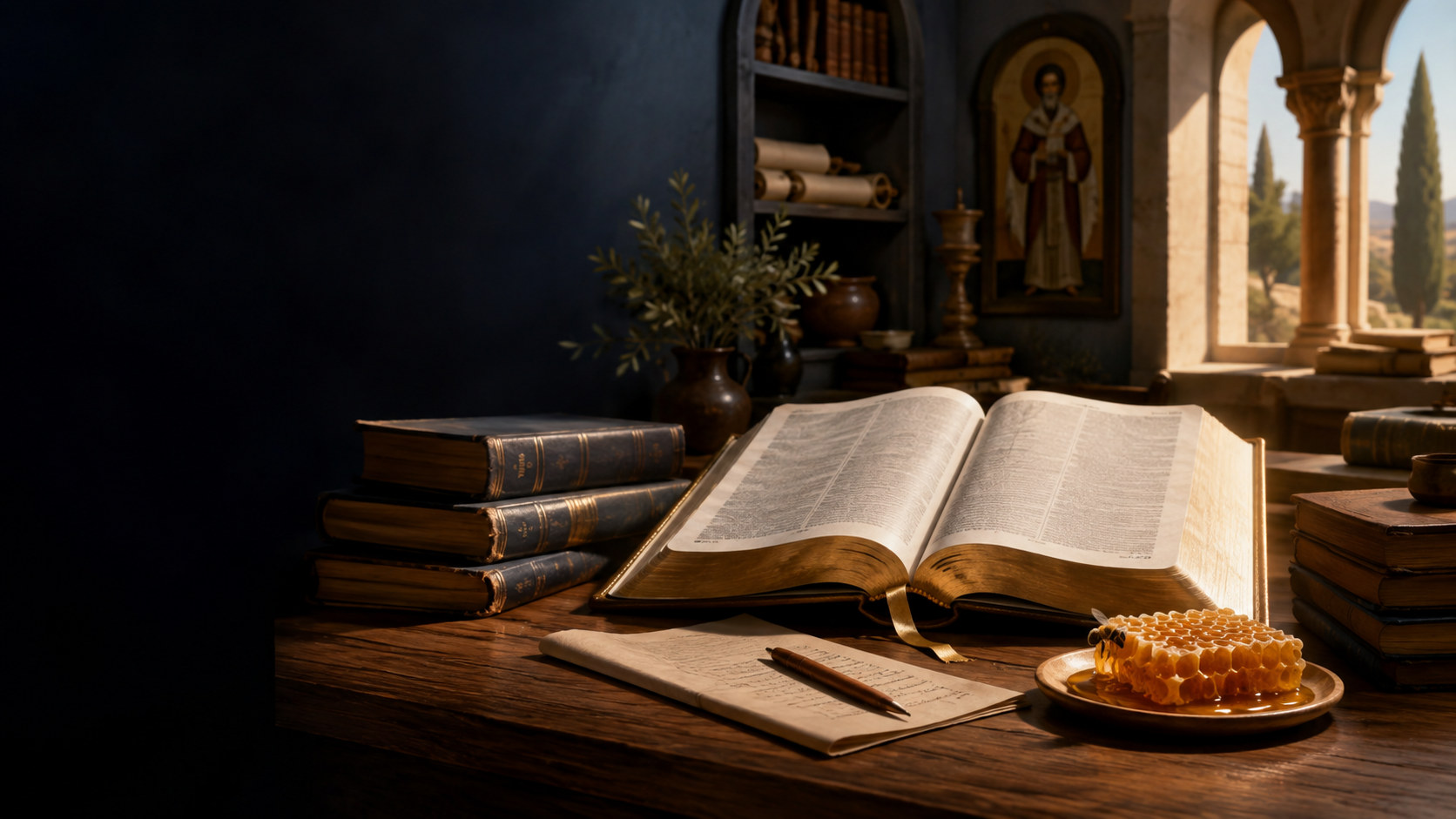 Bíblia aberta ao lado de livros clássicos e um favo de mel